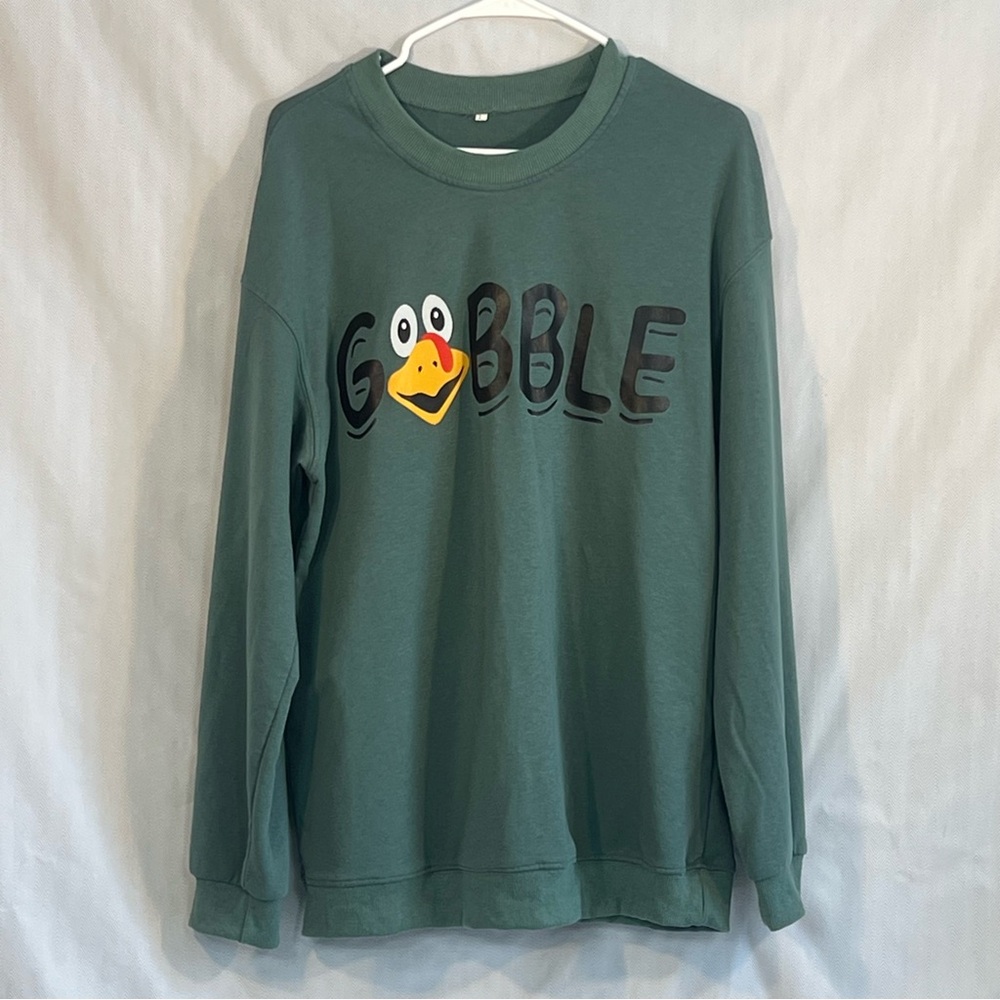 Thanksgiving Gobble Sweatshirt Green With Turkey Face Long Sleeves Round Neck L👍